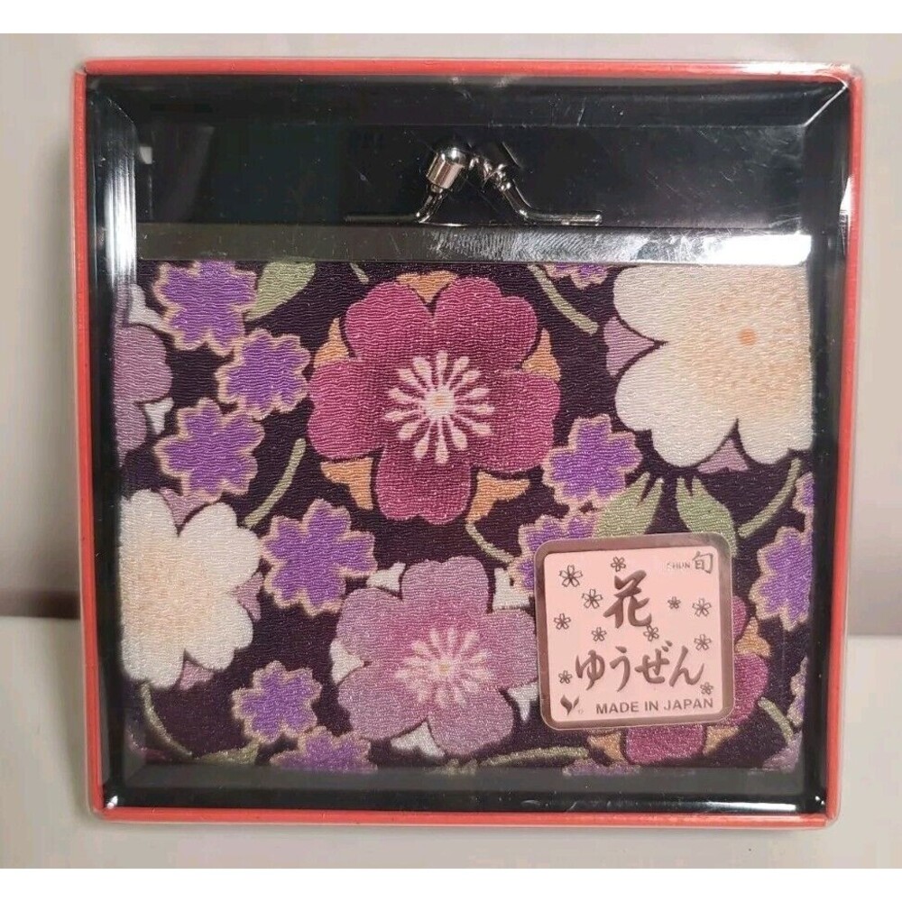 NEW Coin Purse Gold Threaded Kiss Lock Clasp Silver-tone Hardware Floral Japan